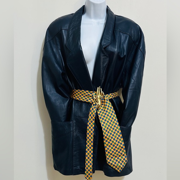 Vintage Genuine Leather Navy Blazer Style Jacket Large Front Pockets Size M - Picture 8 of 13
